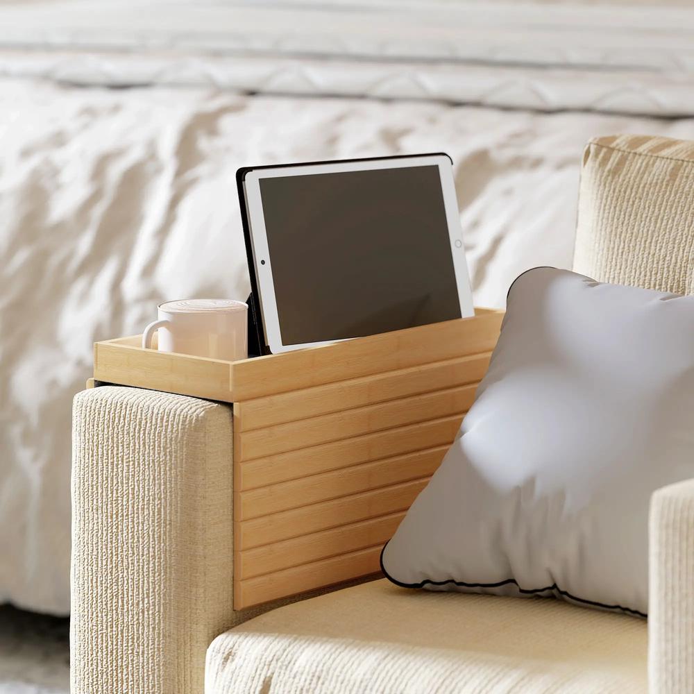 HOMCOM Bamboo Sofa Arm Tray, Foldable Anti-Slip Armrest Tray for Drinks and Snacks, Natural Wood Finish Additional View 8