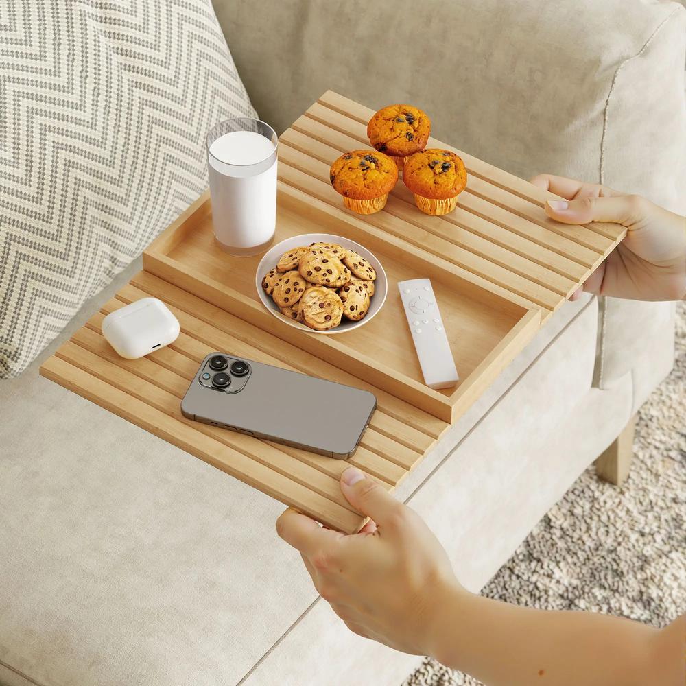HOMCOM Bamboo Sofa Arm Tray, Foldable Anti-Slip Armrest Tray for Drinks and Snacks, Natural Wood Finish Additional View 9