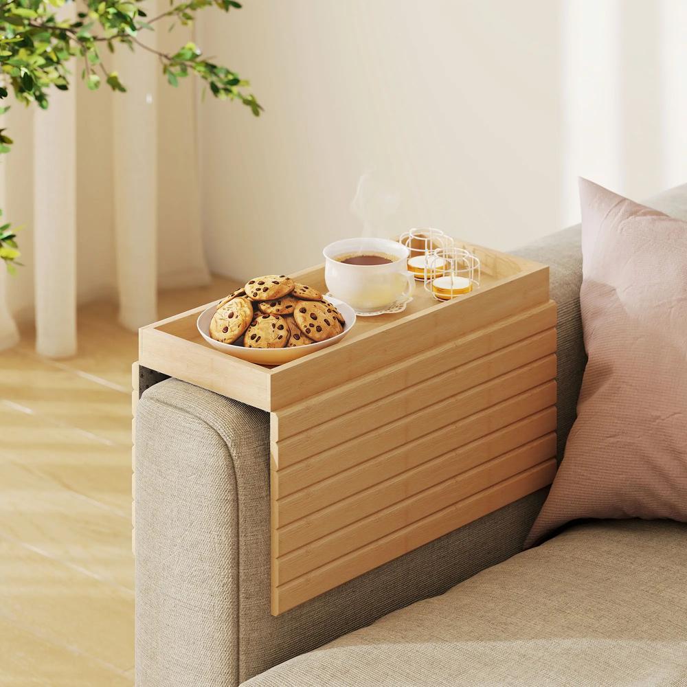 HOMCOM Bamboo Sofa Arm Tray, Foldable Anti-Slip Armrest Tray for Drinks and Snacks, Natural Wood Finish Additional View 10