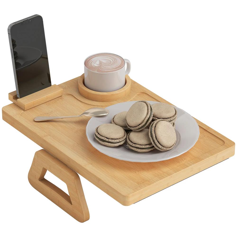 HOMCOM Anti-Slip Sofa Armrest Tray, Bamboo Sofa Arm Tray with 360&deg; Phone Holder and Removable Cup Holder, Natural Additional View 11