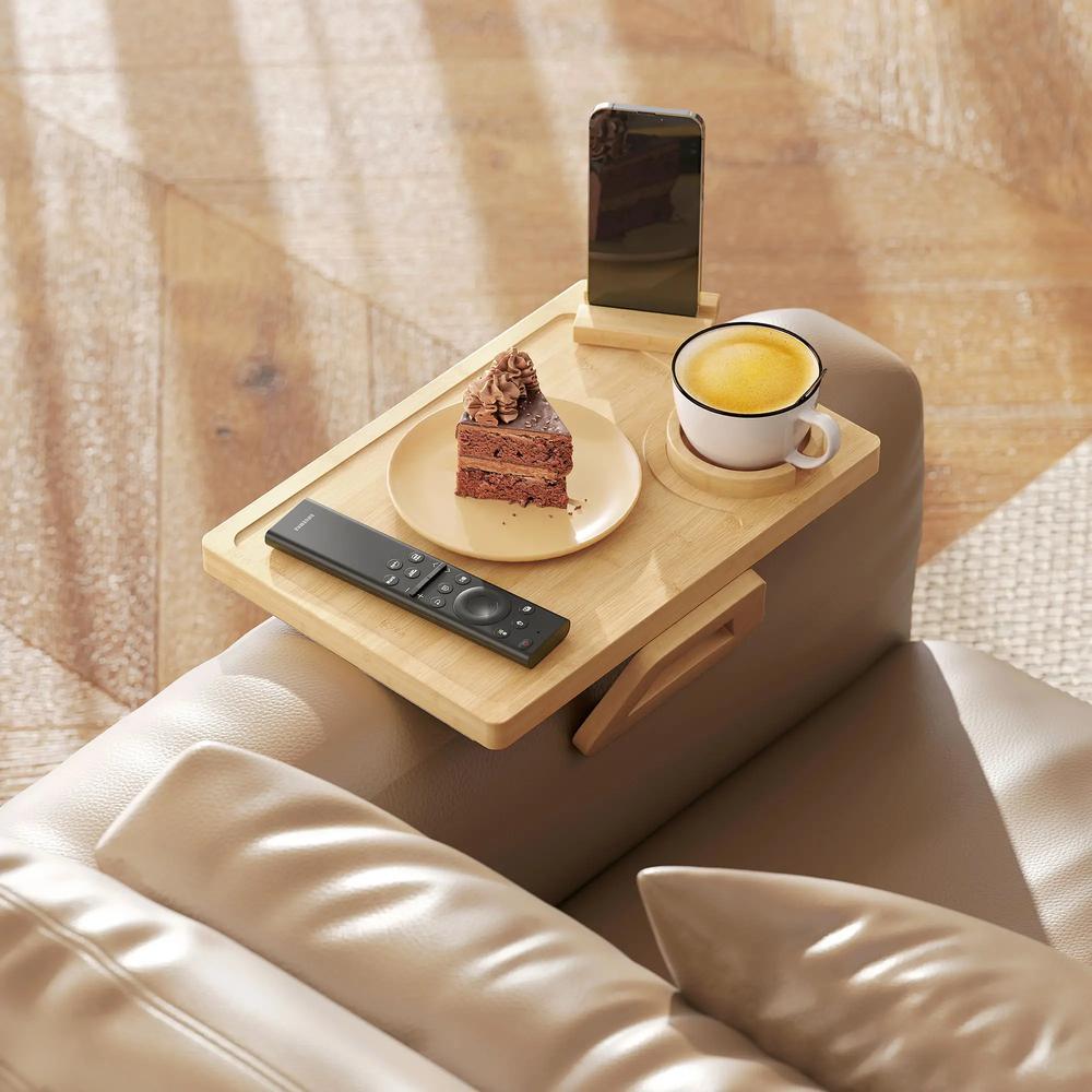 HOMCOM Anti-Slip Sofa Armrest Tray, Bamboo Sofa Arm Tray with 360&deg; Phone Holder and Removable Cup Holder, Natural Additional View 2