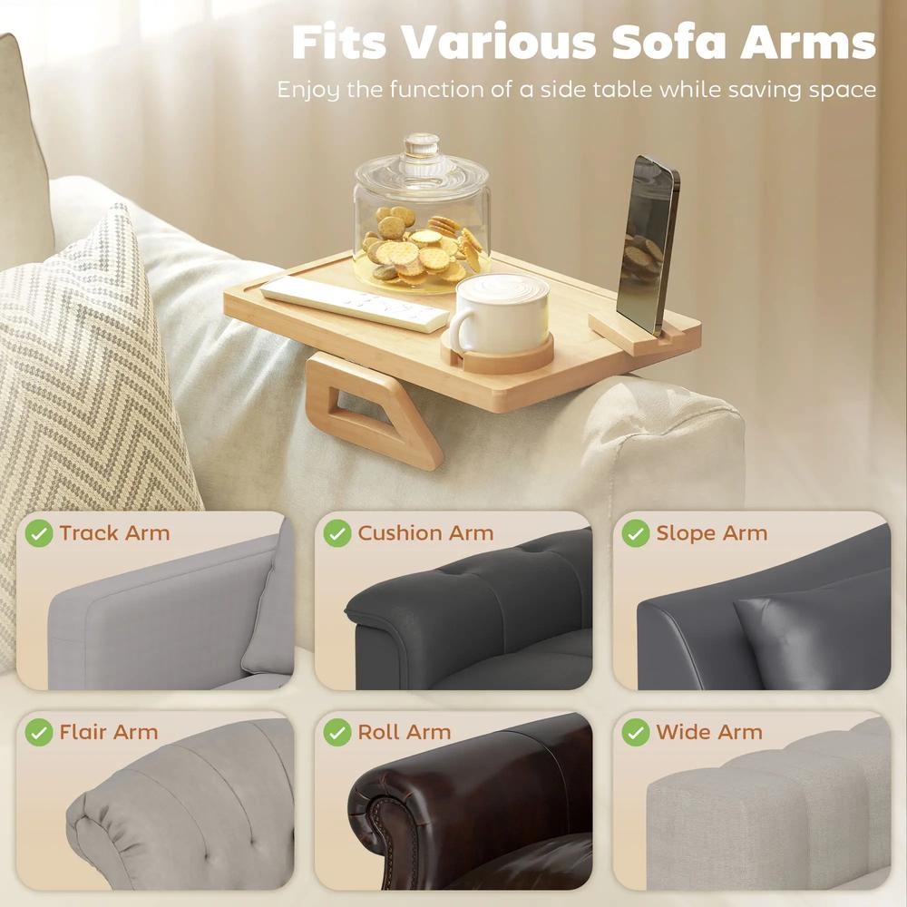HOMCOM Anti-Slip Sofa Armrest Tray, Bamboo Sofa Arm Tray with 360&deg; Phone Holder and Removable Cup Holder, Natural Additional View 4