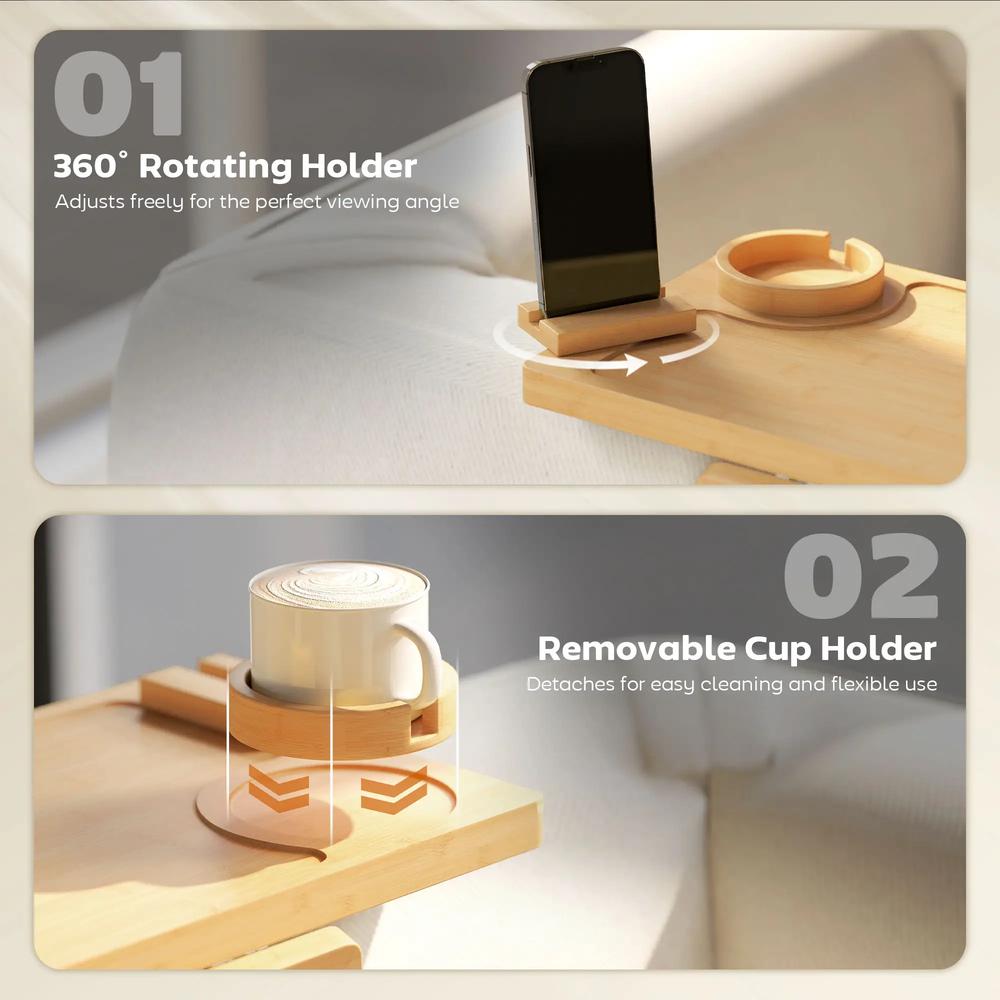 HOMCOM Anti-Slip Sofa Armrest Tray, Bamboo Sofa Arm Tray with 360&deg; Phone Holder and Removable Cup Holder, Natural Additional View 6