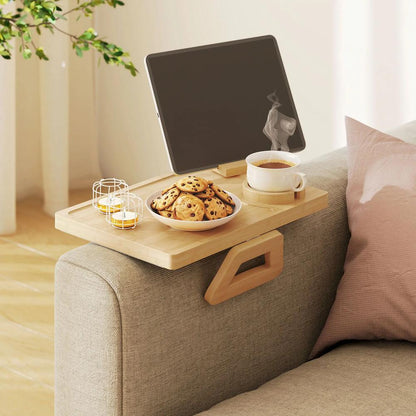 HOMCOM Anti-Slip Sofa Armrest Tray, Bamboo Sofa Arm Tray with 360&deg; Phone Holder and Removable Cup Holder, Natural Additional View 10
