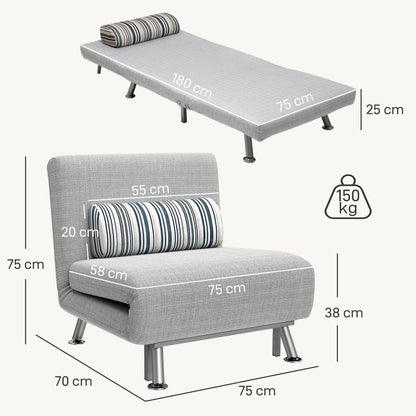 HOMCOM Single Sofa Bed, 1 Person Sleeper Foldable Lounge with Pillow, Light Grey Additional View 3
