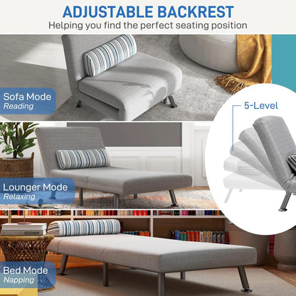 HOMCOM Single Sofa Bed, 1 Person Sleeper Foldable Lounge with Pillow, Light Grey Additional View 5