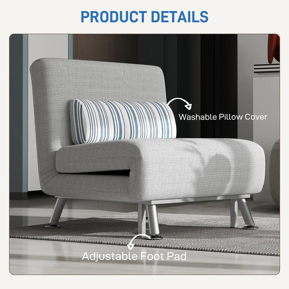 HOMCOM Single Sofa Bed, 1 Person Sleeper Foldable Lounge with Pillow, Light Grey Additional View 7