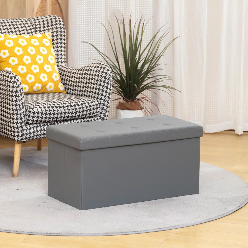 HOMCOM End of Bed Bench, Storage Ottoman Bench, 89L PU Leather Folding Foot Rest Stool, Grey Additional View 2