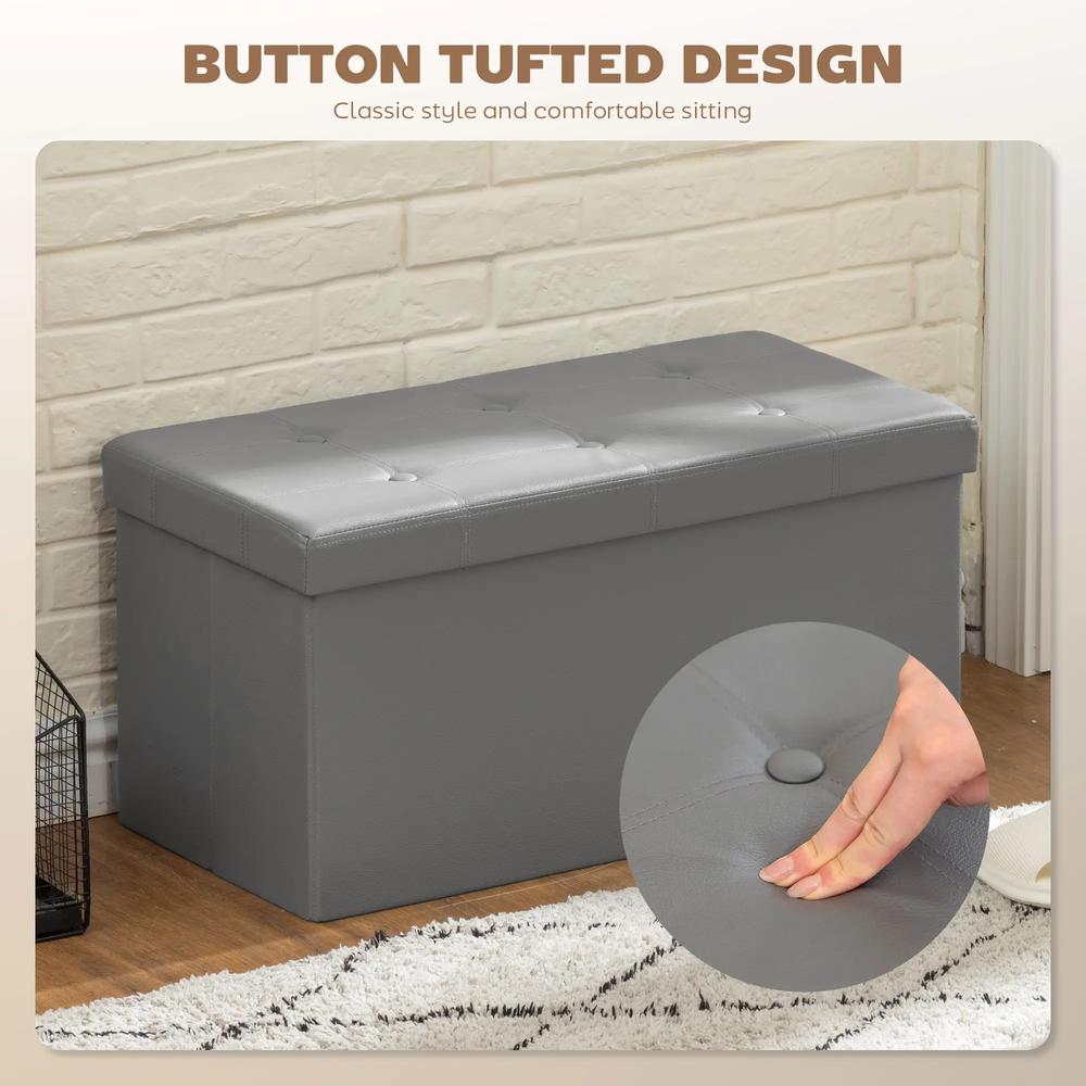 HOMCOM End of Bed Bench, Storage Ottoman Bench, 89L PU Leather Folding Foot Rest Stool, Grey Additional View 4