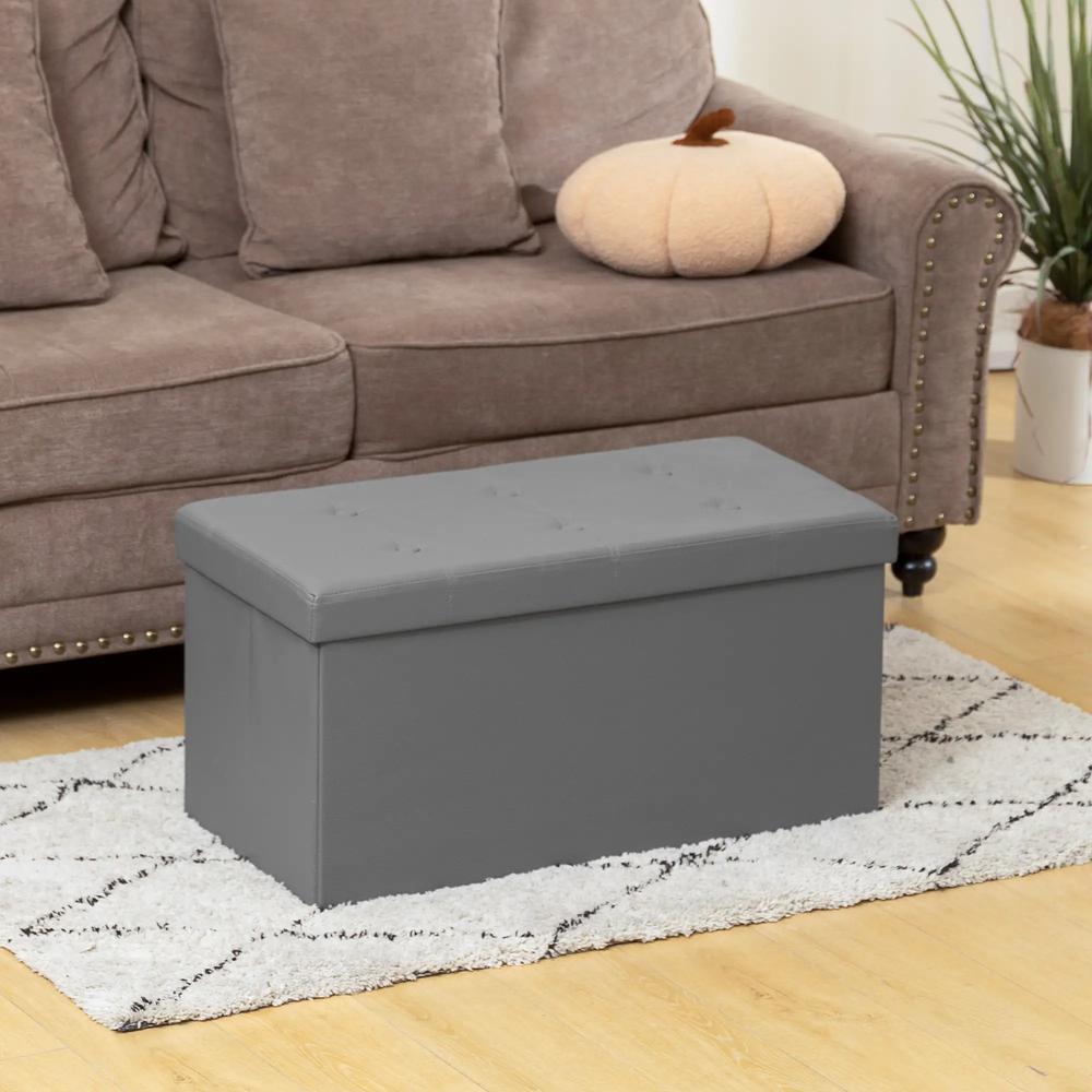 HOMCOM End of Bed Bench, Storage Ottoman Bench, 89L PU Leather Folding Foot Rest Stool, Grey Additional View 10