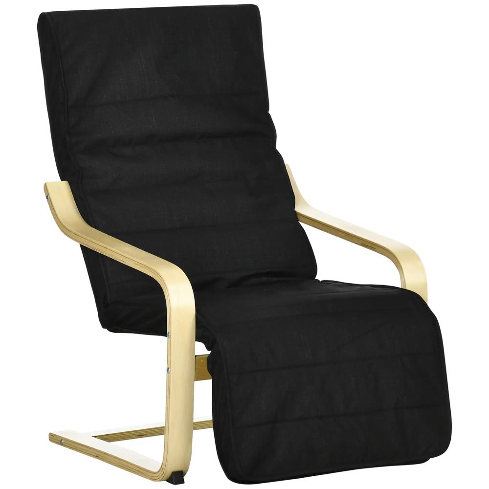 HOMCOM Wooden Armchair, Upholstered Linen Lounge Chair with Adjustable Footrest & Removable Cushion, Poang Chair for Living Room