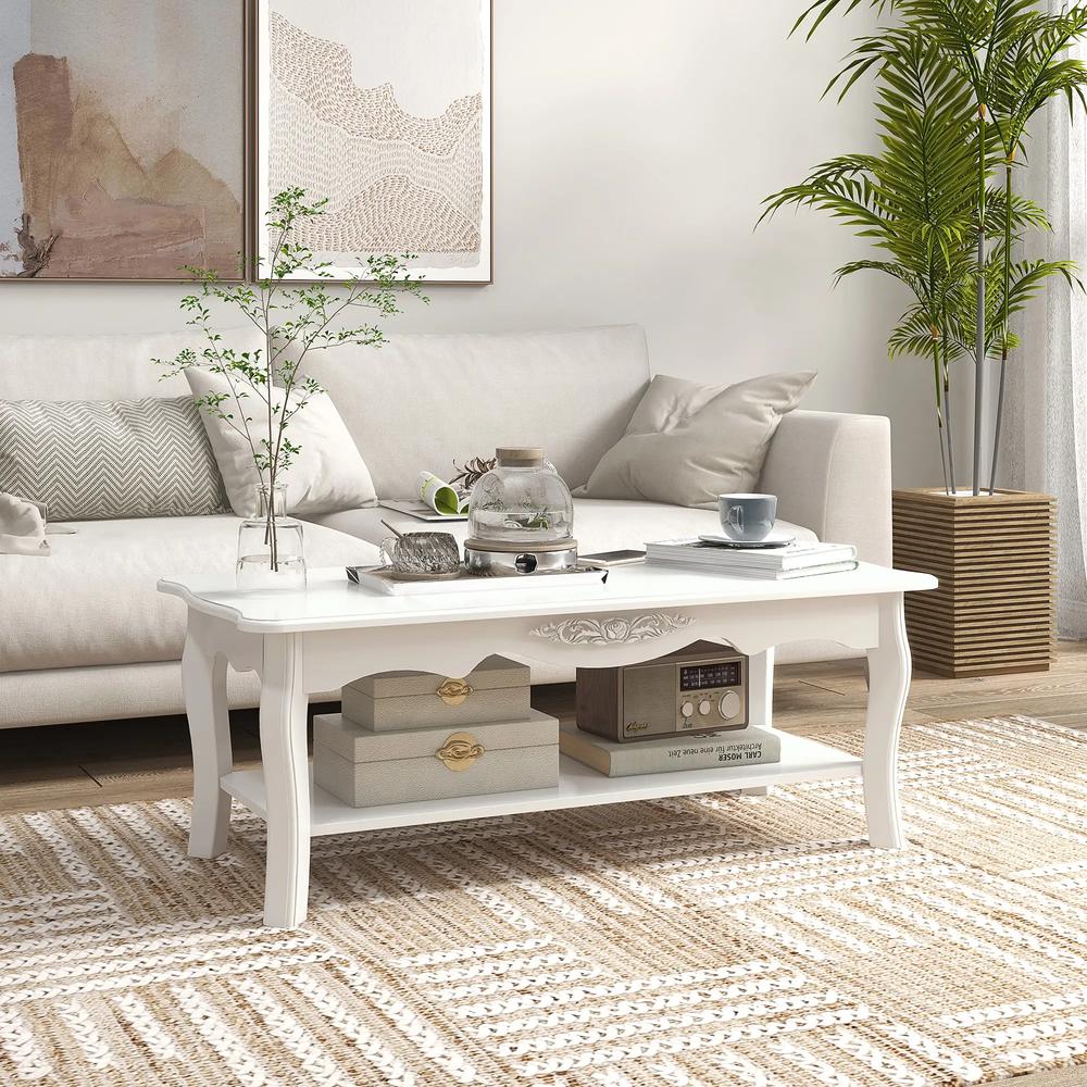HOMCOM White Coffee Table Wood Cocktail Tea Centre Table with Storage Shelf for Living Room Reception Room, 94L x 44W x 42H cm Additional View 2