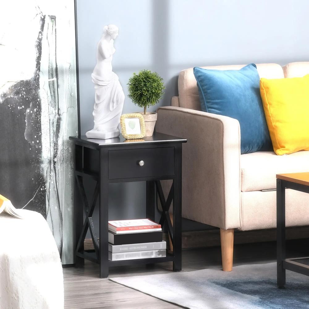 HOMCOM End Table, Sofa Side Table with Drawer X Bar Bottom Storage Shelf, Nightstand Bedside Table for Bedroom or Living Room Black Additional View 2