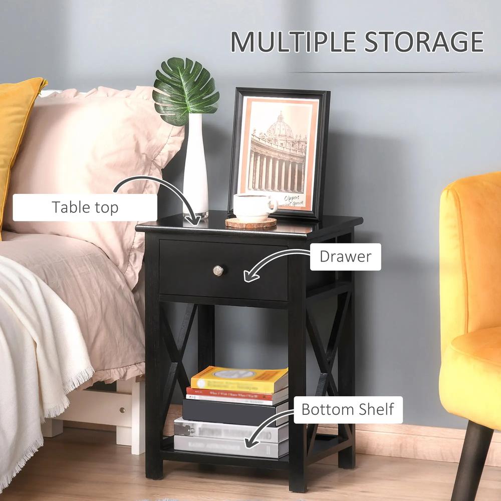 HOMCOM End Table, Sofa Side Table with Drawer X Bar Bottom Storage Shelf, Nightstand Bedside Table for Bedroom or Living Room Black Additional View 5