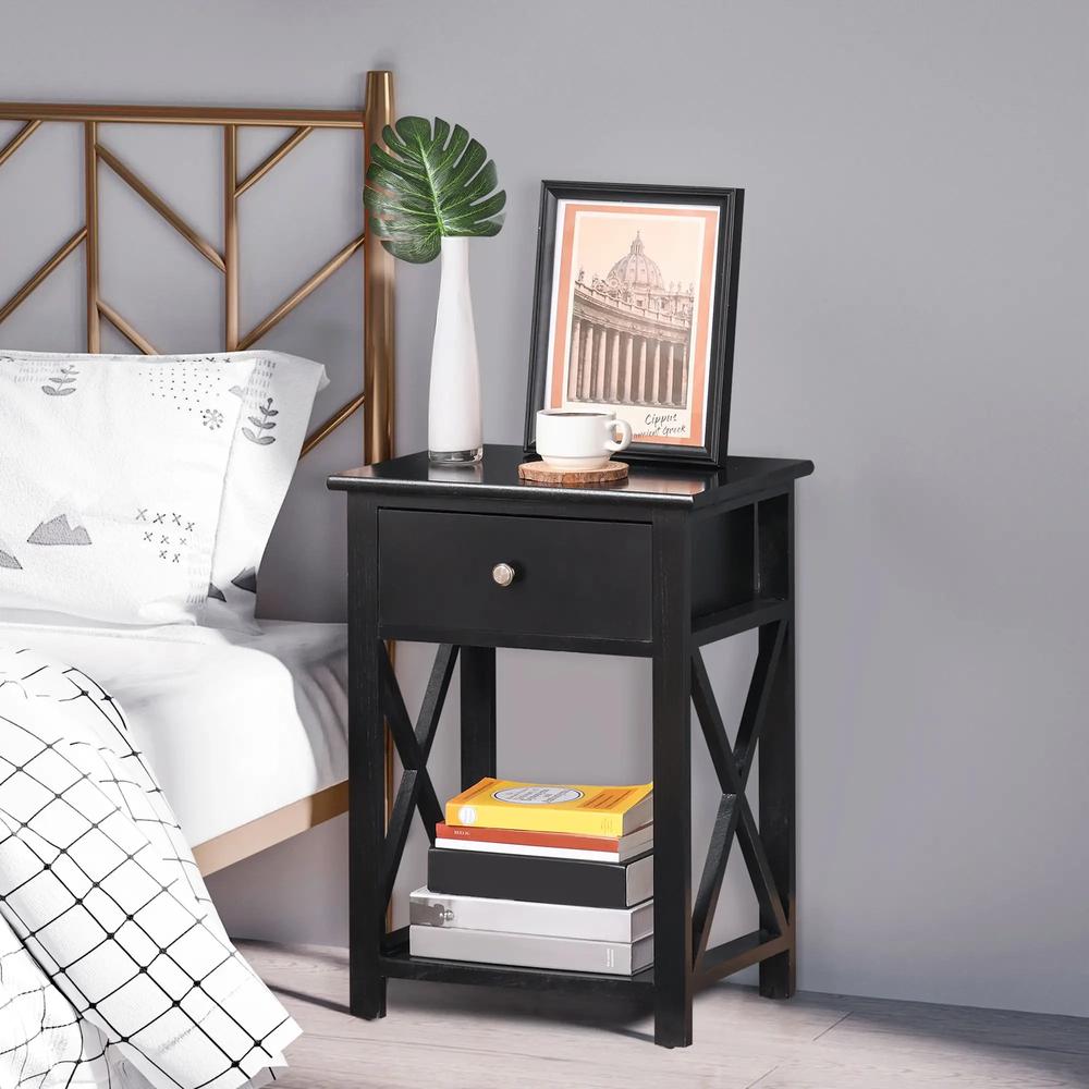 HOMCOM End Table, Sofa Side Table with Drawer X Bar Bottom Storage Shelf, Nightstand Bedside Table for Bedroom or Living Room Black Additional View 7