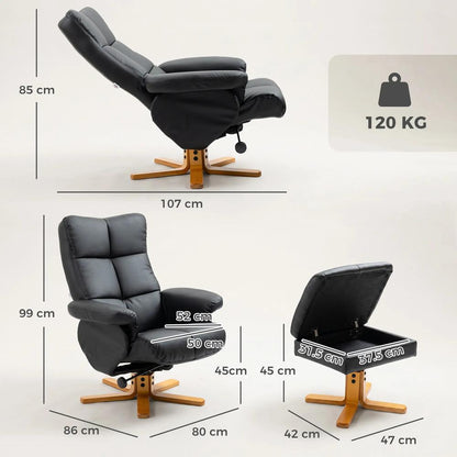 HOMCOM PU Leather Swivel Recliner Chair with Footstool, Wooden Base and Storage for Living Room Additional View 34