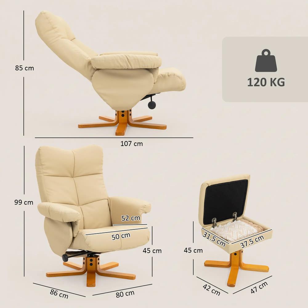 HOMCOM PU Leather Swivel Recliner Chair with Footstool, Wooden Base and Storage for Living Room Additional View 44