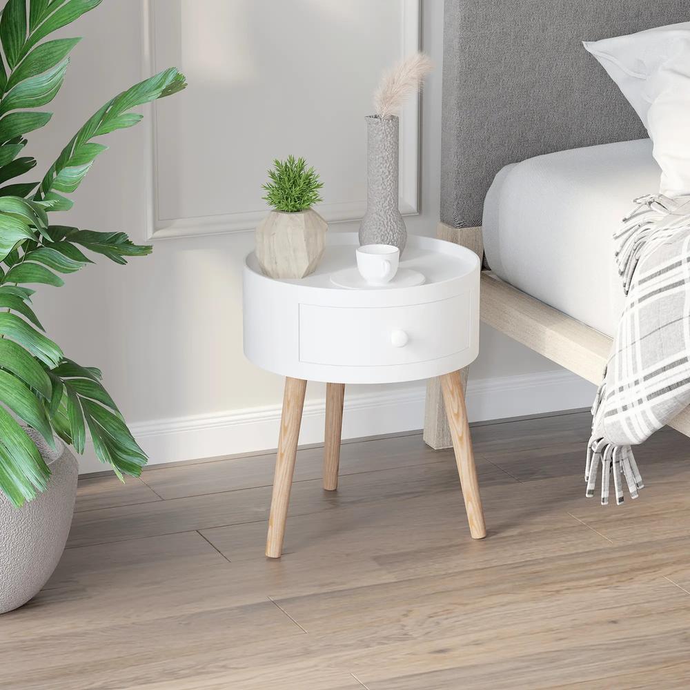 HOMCOM Modern Side Table, Small Coffee Table, Round Bedside Table with Drawer and Wood Legs for Living Room, Bedroom, White Additional View 2