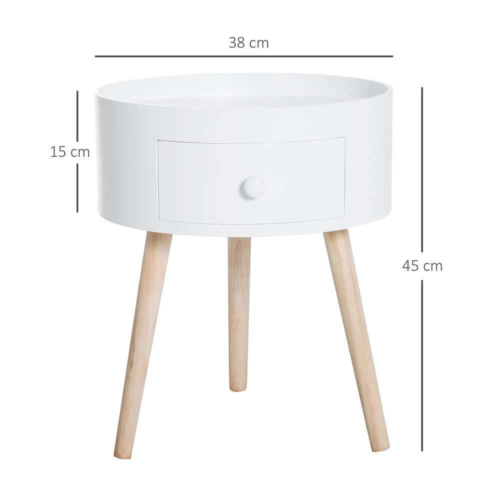 HOMCOM Modern Side Table, Small Coffee Table, Round Bedside Table with Drawer and Wood Legs for Living Room, Bedroom, White Additional View 3