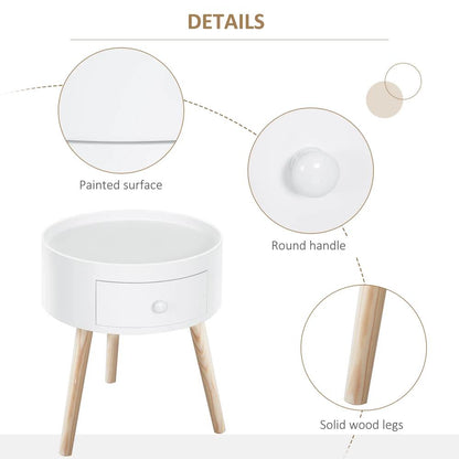 HOMCOM Modern Side Table, Small Coffee Table, Round Bedside Table with Drawer and Wood Legs for Living Room, Bedroom, White Additional View 4