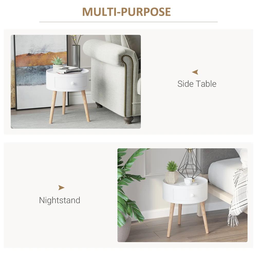 HOMCOM Modern Side Table, Small Coffee Table, Round Bedside Table with Drawer and Wood Legs for Living Room, Bedroom, White Additional View 5