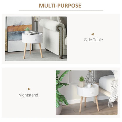 HOMCOM Modern Side Table, Small Coffee Table, Round Bedside Table with Drawer and Wood Legs for Living Room, Bedroom, White Additional View 5