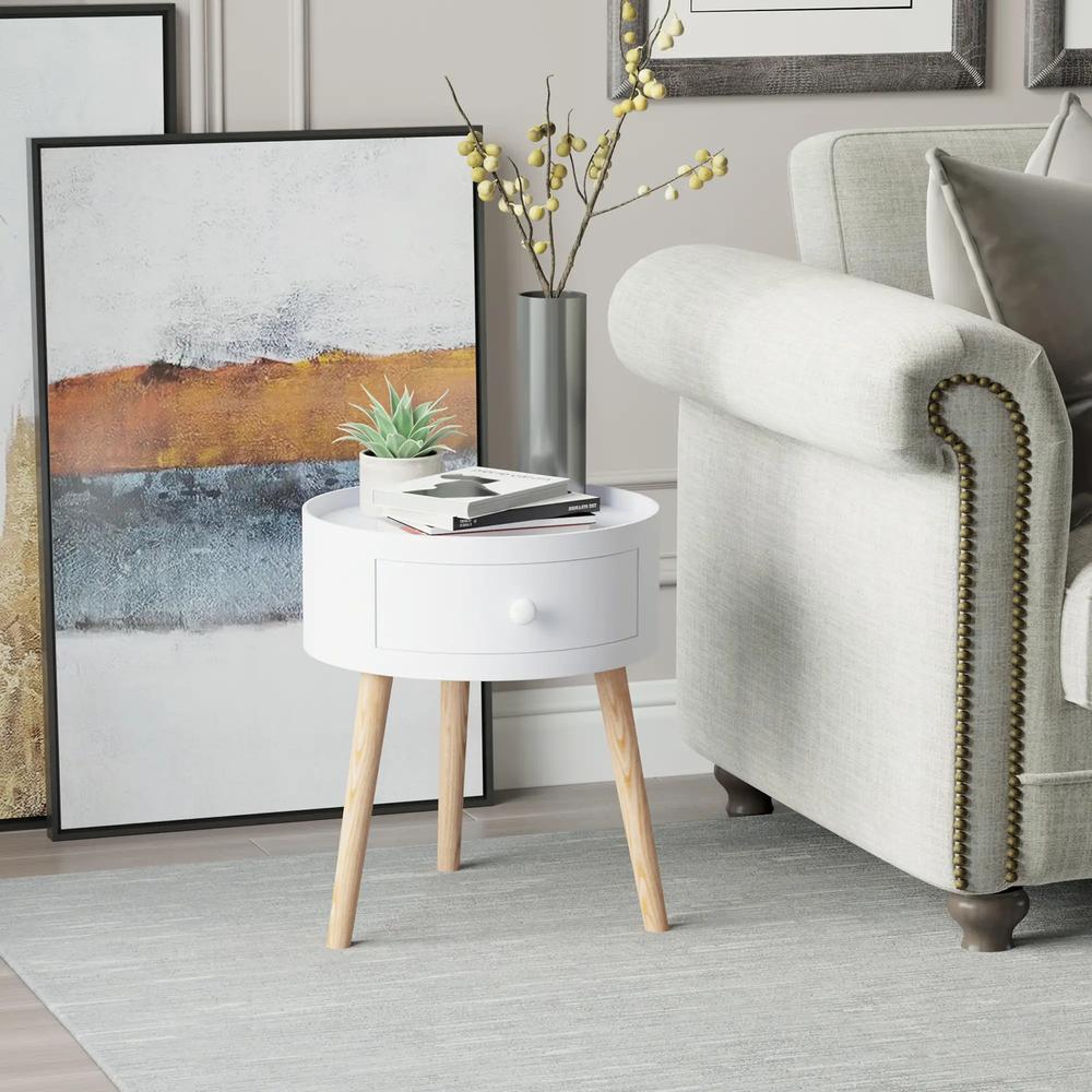 HOMCOM Modern Side Table, Small Coffee Table, Round Bedside Table with Drawer and Wood Legs for Living Room, Bedroom, White Additional View 7