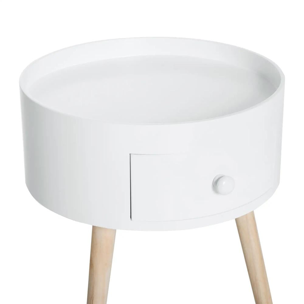 HOMCOM Modern Side Table, Small Coffee Table, Round Bedside Table with Drawer and Wood Legs for Living Room, Bedroom, White Additional View 9
