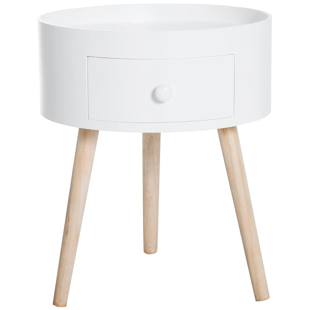 HOMCOM Modern Side Table, Small Coffee Table, Round Bedside Table with Drawer and Wood Legs for Living Room, Bedroom, White Additional View 10
