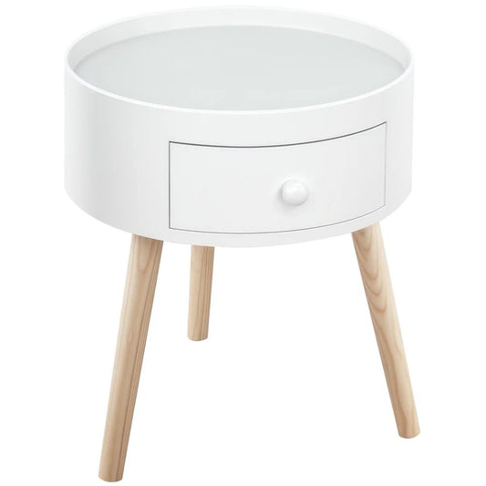 HOMCOM Modern Side Table, Small Coffee Table, Round Bedside Table with Drawer and Wood Legs for Living Room, Bedroom, White