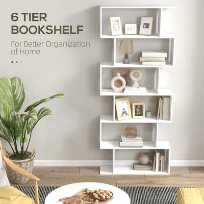 HOMCOM Bookcase, 6 Tier Shelf S Shaped Bookshelf, Storage Unit, Display Shelf for Living Room, Bedroom, Home Office, Plant Additional View 14