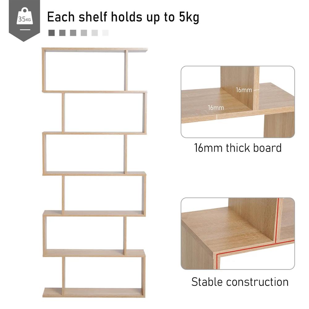 HOMCOM Bookcase, 6 Tier Shelf S Shaped Bookshelf, Storage Unit, Display Shelf for Living Room, Bedroom, Home Office, Plant Additional View 4