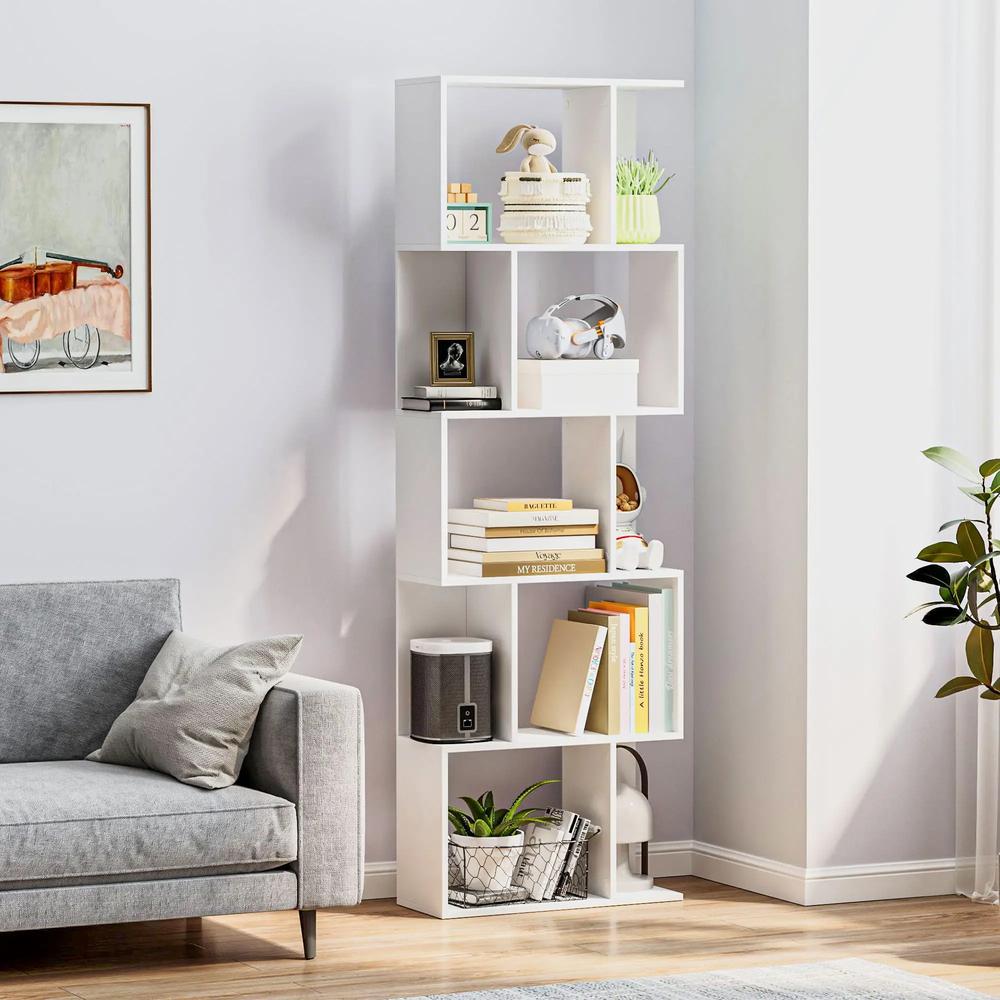 HOMCOM Bookcase, S-Shaped Wooden Bookshelf, 5 Tiers Freestanding Storage Shelf, Home Office Display Stand Rack, White Additional View 2