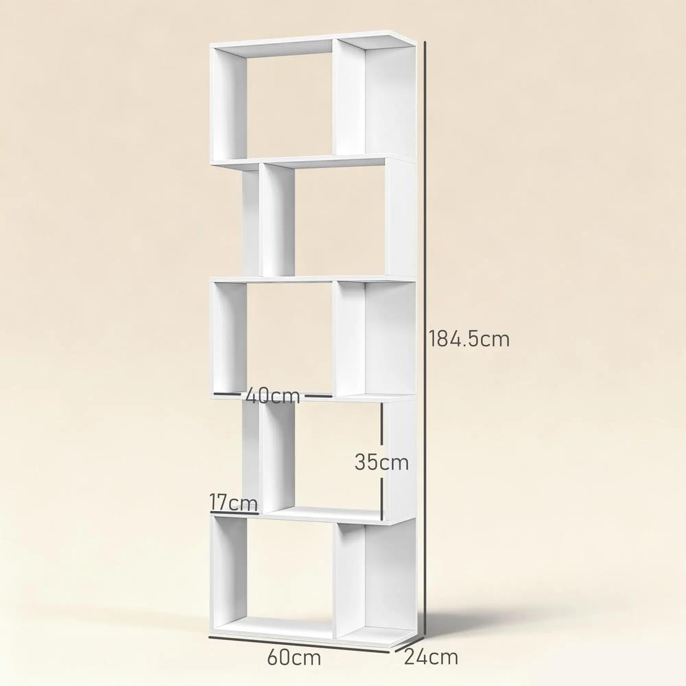 HOMCOM Bookcase, S-Shaped Wooden Bookshelf, 5 Tiers Freestanding Storage Shelf, Home Office Display Stand Rack, White Additional View 3
