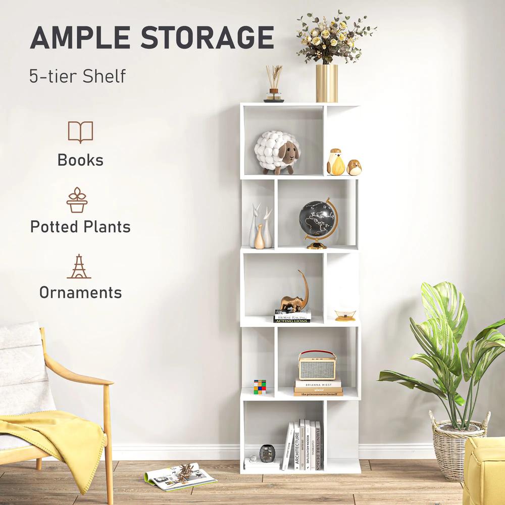 HOMCOM Bookcase, S-Shaped Wooden Bookshelf, 5 Tiers Freestanding Storage Shelf, Home Office Display Stand Rack, White Additional View 4