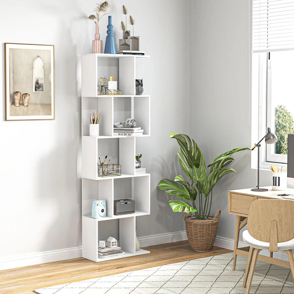 HOMCOM Bookcase, S-Shaped Wooden Bookshelf, 5 Tiers Freestanding Storage Shelf, Home Office Display Stand Rack, White Additional View 10