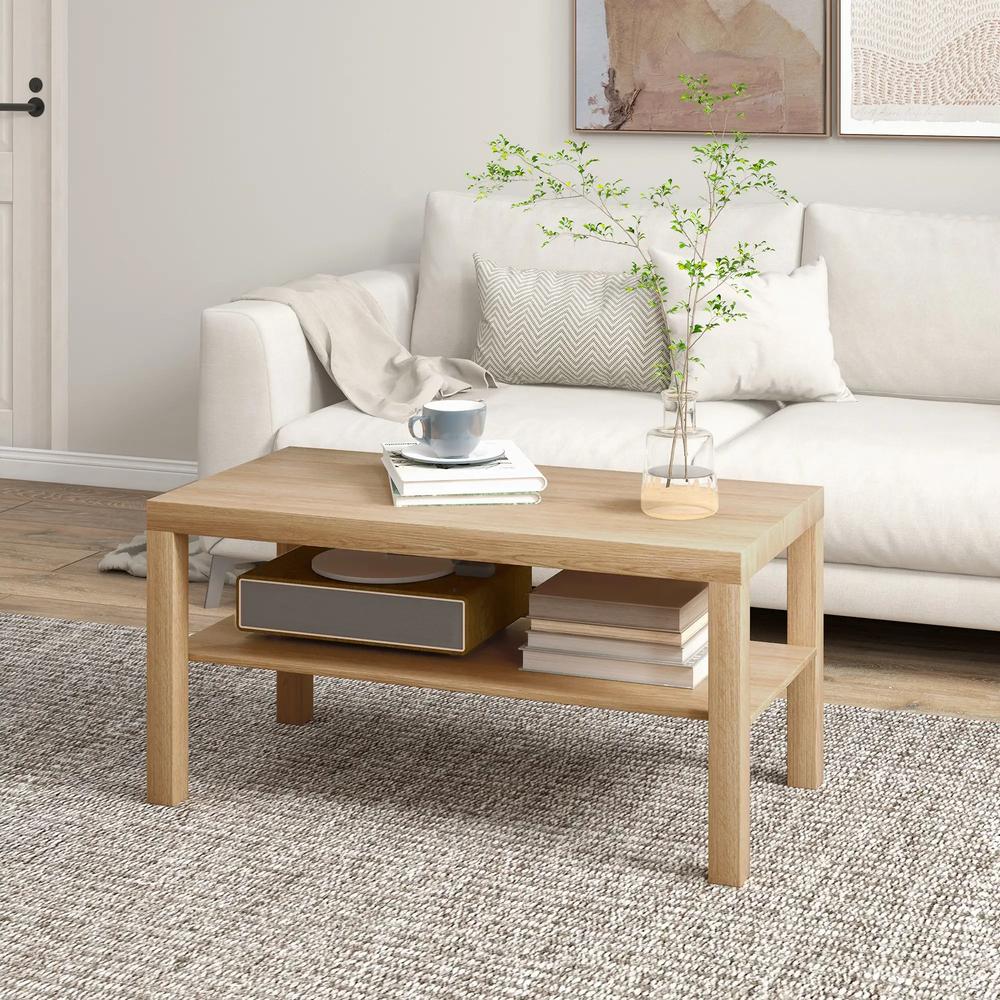 HOMCOM 2-Tier Coffee Table with Storage Shelf, Rectangular Centre Table for Living Room, Home Office, Natural Wood Finish Additional View 2