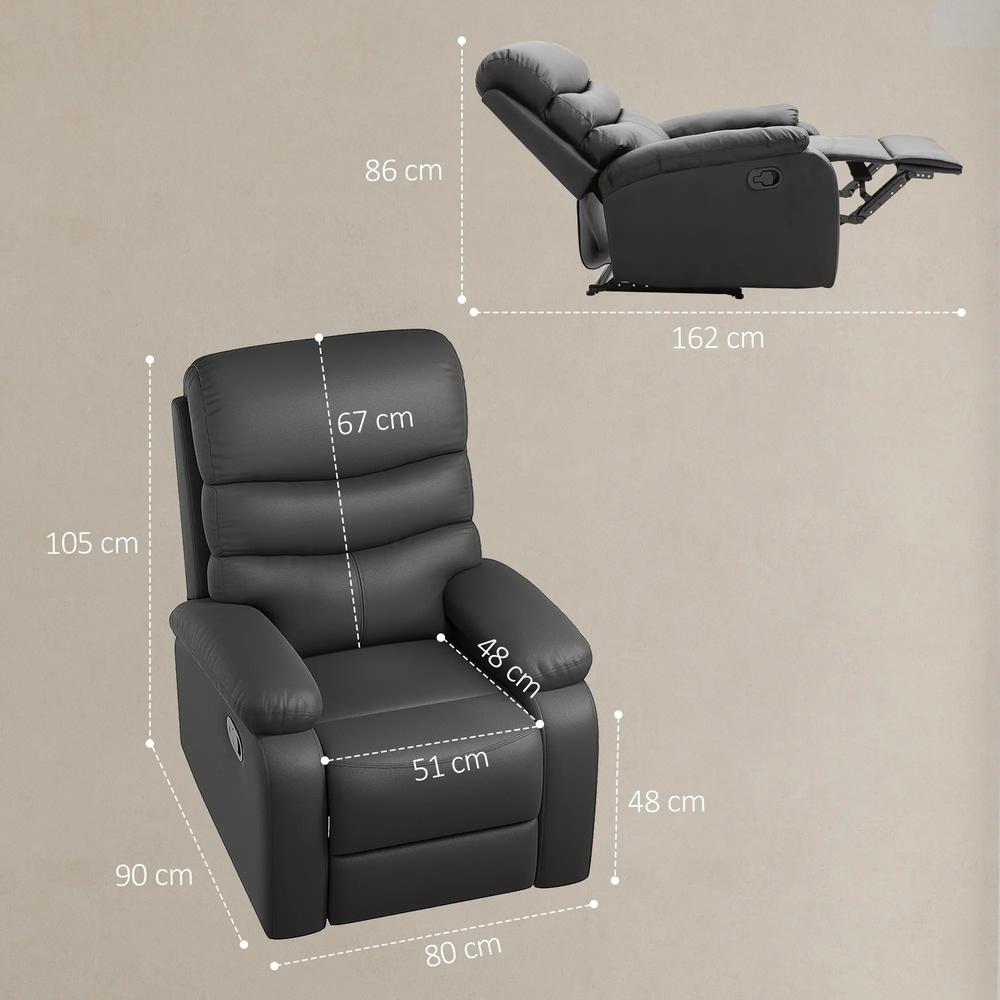 HOMCOM PU Leather Reclining Chair, Manual Recliner Chair with Padded Armrests, Retractable Footrest and Wood Frame, Black Additional View 3