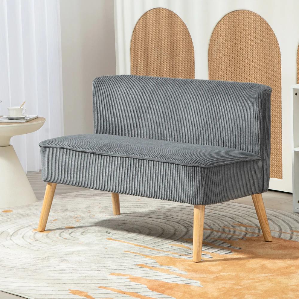 HOMCOM Modern Corduroy Double Seat Sofa w/ Wood Frame Foam Padding Soft Comfortable Compact Couch Grey Additional View 2