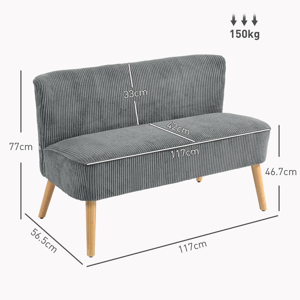 HOMCOM Modern Corduroy Double Seat Sofa w/ Wood Frame Foam Padding Soft Comfortable Compact Couch Grey Additional View 3