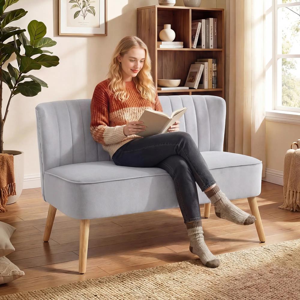 HOMCOM Modern Velvet Double Seat Sofa w/ Wood Frame Foam Padding Soft Comfortable Compact Couch Light Grey Additional View 2