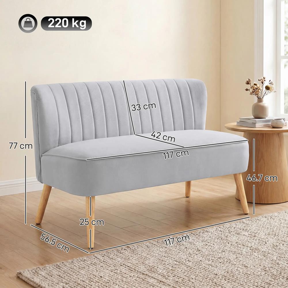 HOMCOM Modern Velvet Double Seat Sofa w/ Wood Frame Foam Padding Soft Comfortable Compact Couch Light Grey Additional View 3