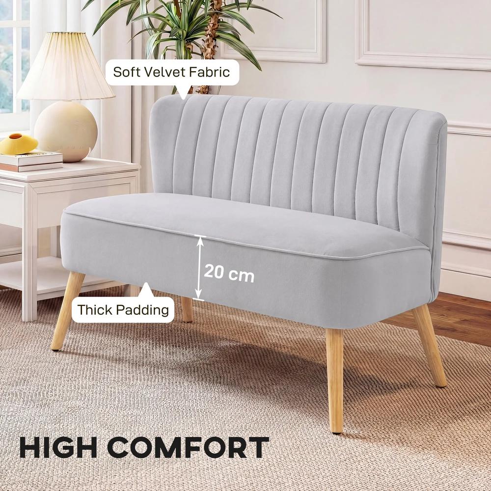 HOMCOM Modern Velvet Double Seat Sofa w/ Wood Frame Foam Padding Soft Comfortable Compact Couch Light Grey Additional View 4