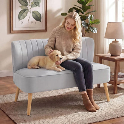 HOMCOM Modern Velvet Double Seat Sofa w/ Wood Frame Foam Padding Soft Comfortable Compact Couch Light Grey Additional View 8