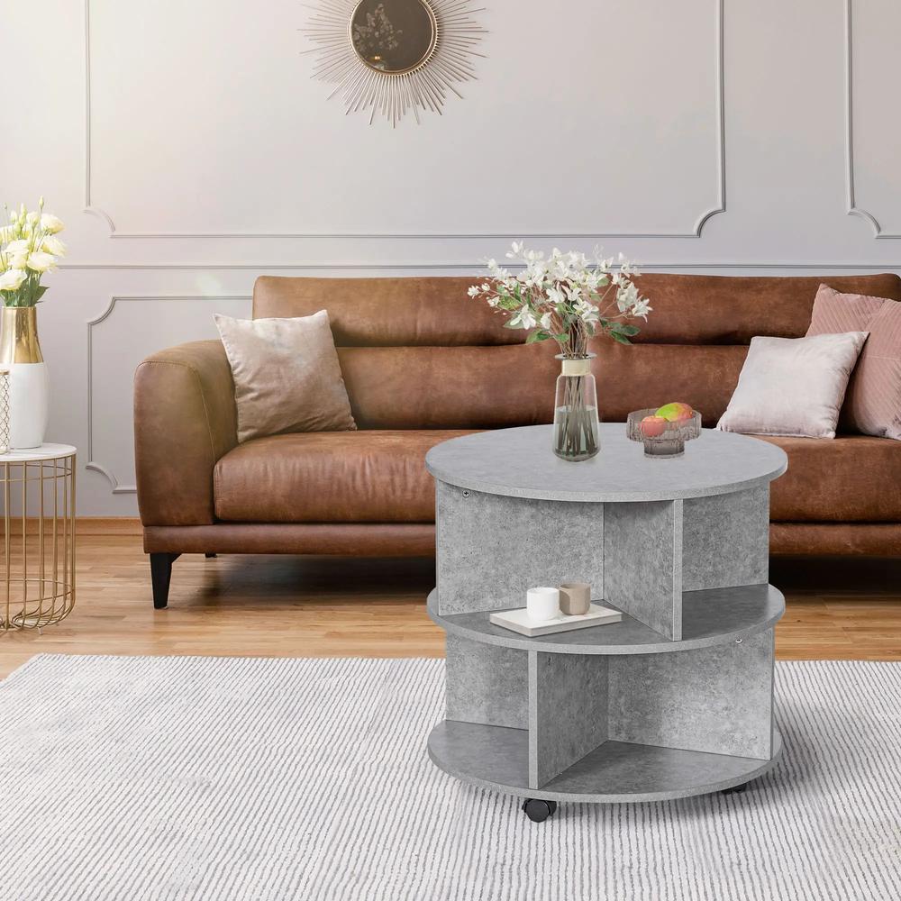 HOMCOM Round Coffee Table with Wheels, 3-Tier Rolling Side Table for Living Room with Divided Shelves, Cement Colour Additional View 2