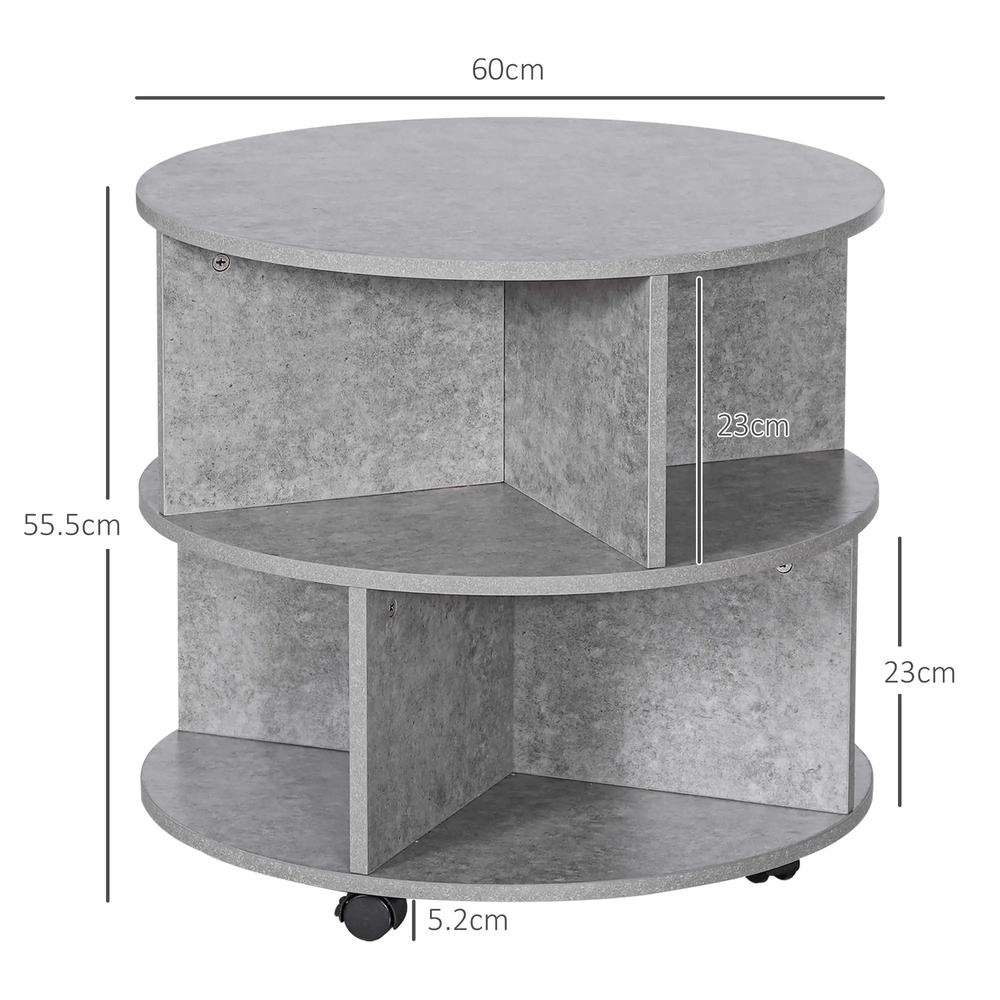 HOMCOM Round Coffee Table with Wheels, 3-Tier Rolling Side Table for Living Room with Divided Shelves, Cement Colour Additional View 3