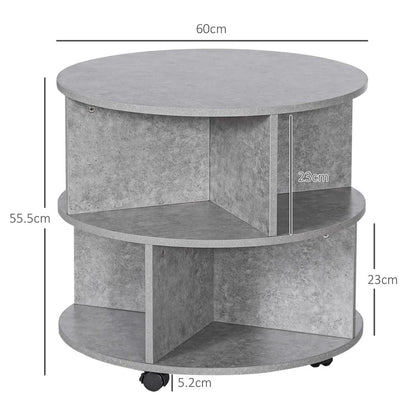 HOMCOM Round Coffee Table with Wheels, 3-Tier Rolling Side Table for Living Room with Divided Shelves, Cement Colour Additional View 3