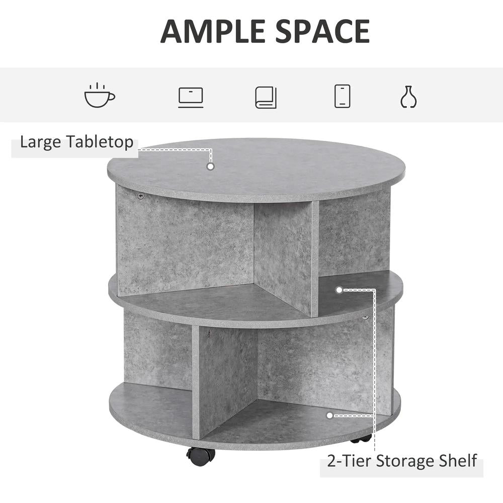 HOMCOM Round Coffee Table with Wheels, 3-Tier Rolling Side Table for Living Room with Divided Shelves, Cement Colour Additional View 4