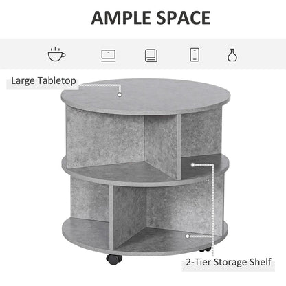 HOMCOM Round Coffee Table with Wheels, 3-Tier Rolling Side Table for Living Room with Divided Shelves, Cement Colour Additional View 4