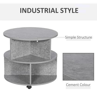 HOMCOM Round Coffee Table with Wheels, 3-Tier Rolling Side Table for Living Room with Divided Shelves, Cement Colour Additional View 5